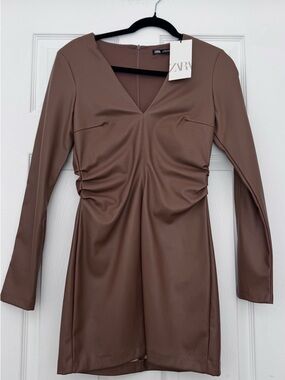 Zara Brown Faux Leather Mini Dress